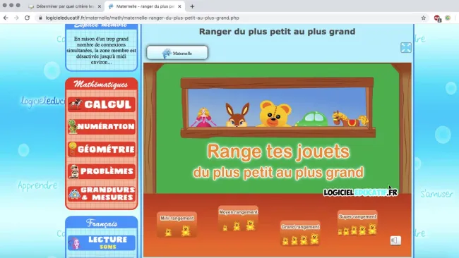 Consigne jeu : ranger du plus petit au plus grand