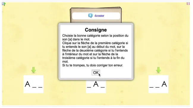 Consigne jeu : le son [a] dans le mot (évaluation)