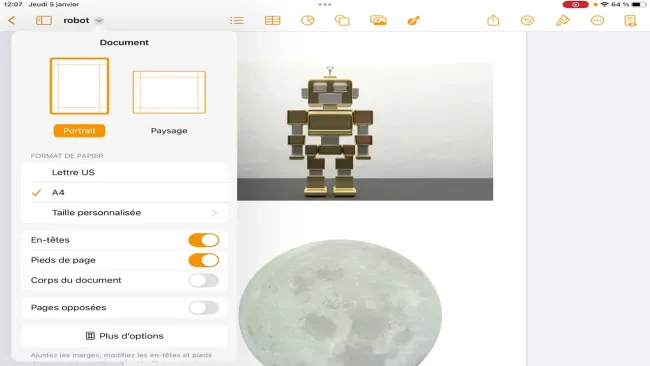 Les options de mise en page dans Pages sur Ipad